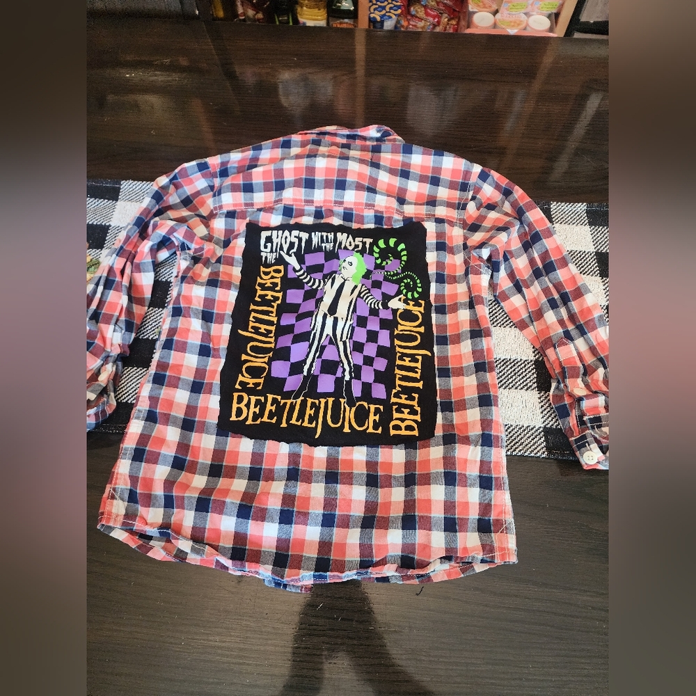 Upcycled Kids Beetlejuice Plaid Shirt - Red and Blue Size 6
